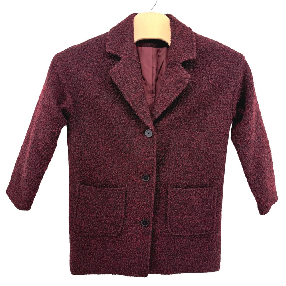 H&M Divided Wool Blend Coat Womens 10 Pre-Owned Boucle Burgundy Notched Pockets